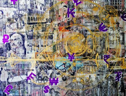 an Art Dealer recommended painting of a wall with a gold and purple graffiti